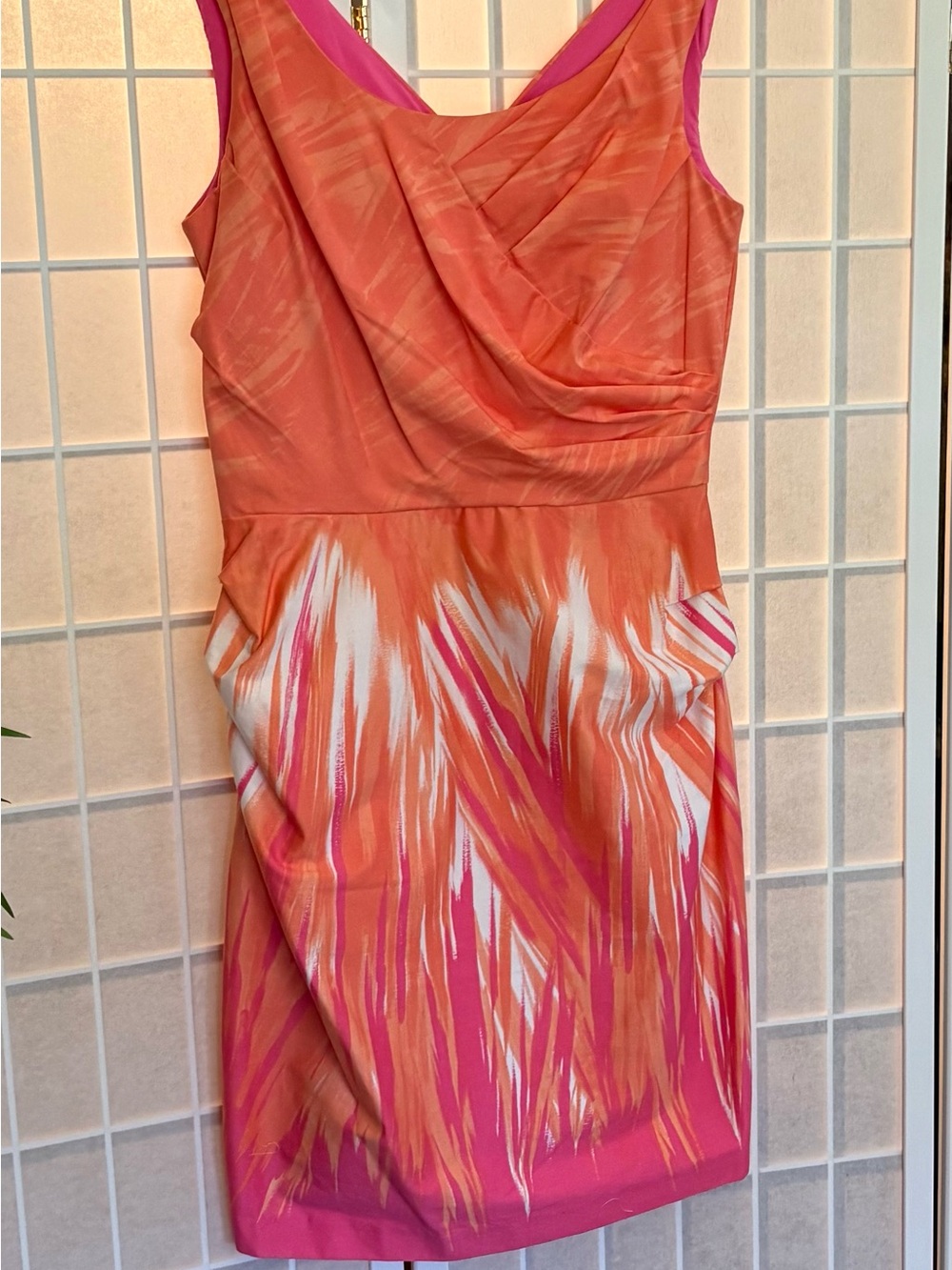 Sleeveless Asymmetrical Orange & Pink Print Draped Dress